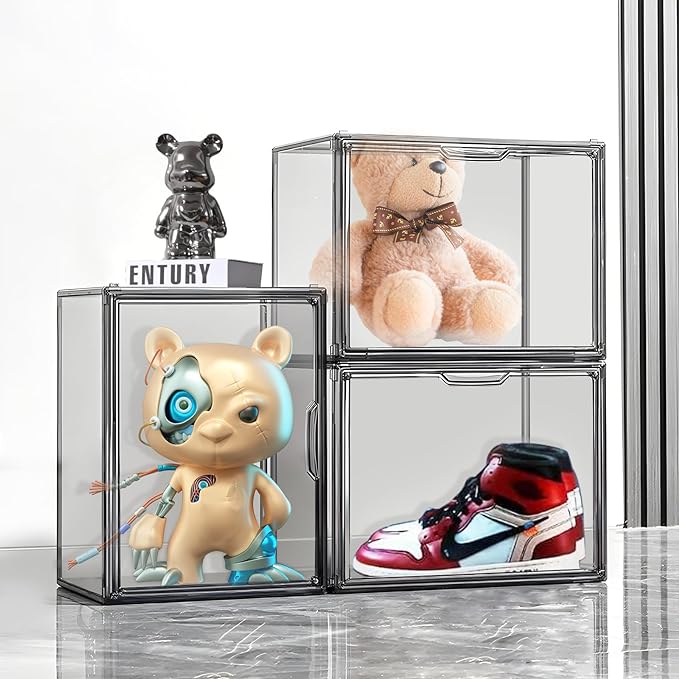 Clear Stackable Plastic Storage Bins with Magnetic Lid, Dustproof Book & Cosmetic Display Cases, Large Figures Collectibles Showcase, Shoe Box, Protection Organizer (Gray, L-1 Pack)-NeatNest