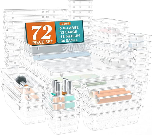 72 PCS Drawer Organizer Set, 4 Sizes Storage Drawer Units, Clear Plastic Makeup Vanity Organizer and Storage Bins for Makeup, Stationeries, Multiple Gadgets for Bathroom, Office, Bedroom-NeatNest
