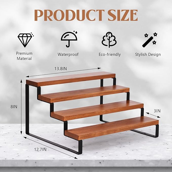 4 Tier Wooden Display Riser Stand Perfume Organizer with Metal Stand, Dessert Table Display Set, Food Display Stands for Party, Brown Rustic Solid Wood Shelf for Cupcakes, Perfume, Cologne, Spiece-NeatNest