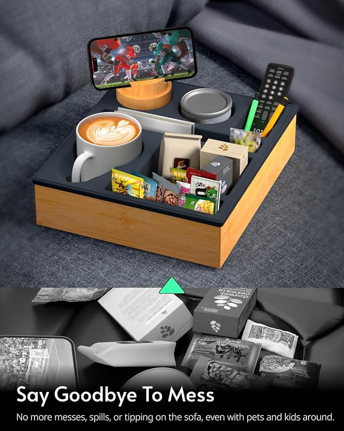 Couch Cup Holder Tray - Couch Organizer Caddy, Silicone Beach Caddy with Cup Holder, Sofa and Bed Drink Holder and Couch Tray Table for Snacks Beverage Remote (Black)-NeatNest