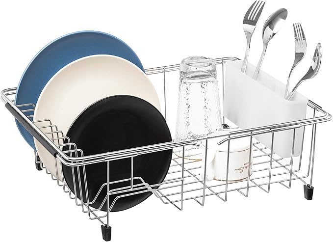 iPEGTOP Expandable Multifunctional Dish Drying Rack, Over The Sink, in Sink Or On Counter Dish Drainer Rack Organizer Shelf with White Utensil Silverware Holder, Rustproof Stainless Steel