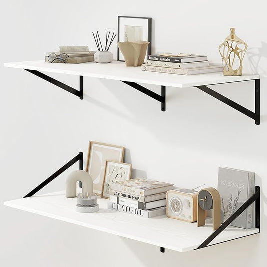 Fun Memories Floating Shelves for Wall, 12 Inch Deep Floating Shelves Set of 2, 36W x 12D Large Wall Shelf with Sturdy Metal Brackets for Living Room, Bathroom, Bedroom and Kitchen, White-NeatNest