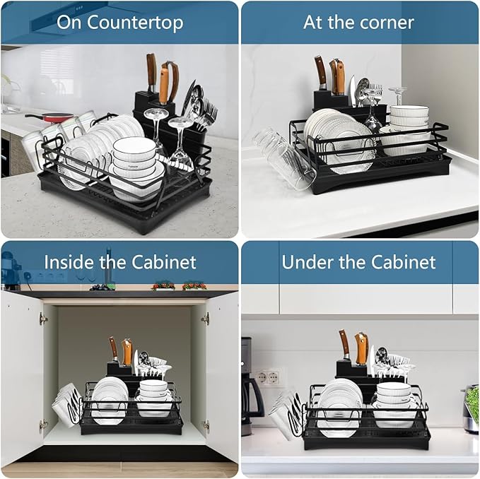 Dish Rack with Drain Board, Rustproof Dish Drying Rack for Kitchen Counter with Removable Utensils Holder, Dish Drainer with 360 Degree Swivel Spout