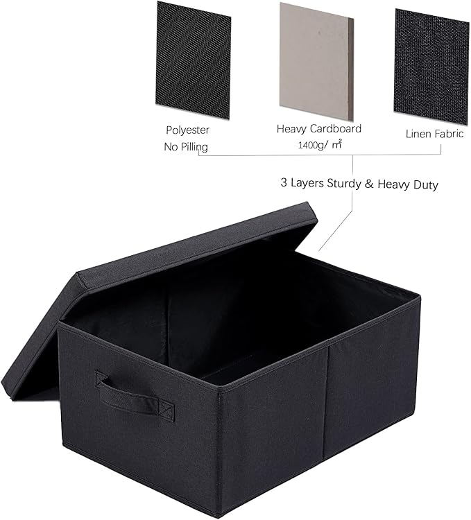 HOONEX Storage Bins with Lids for Organizing, Pack of 2, Storage Boxes with 2 Carrying Handles and Sturdy Heavy Cardboard, 16.5" L x 11.8" W x 7.5" H for Shoes, Books, Clothes, Black-NeatNest