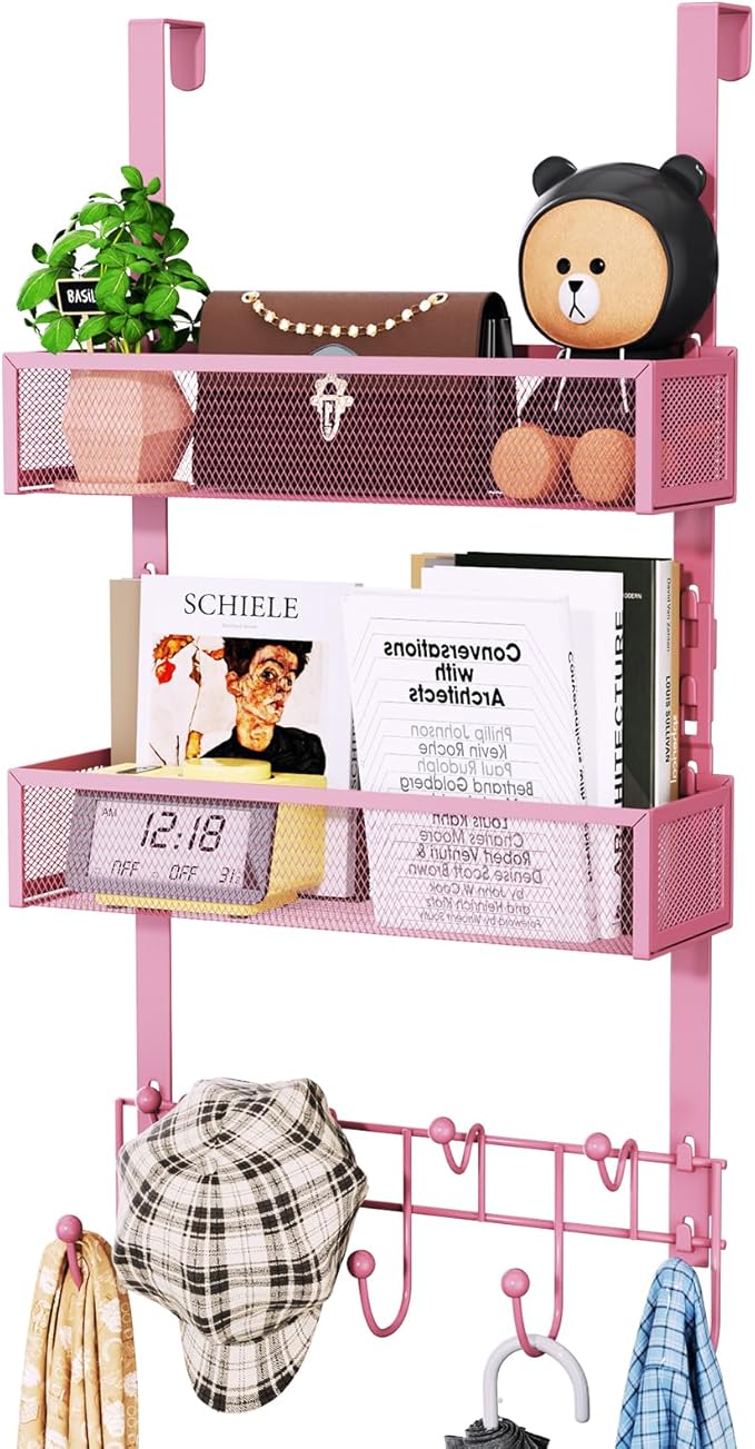 HapiRm Over The Door Hanger with Coat Hooks and 2 Baskets, Rustproof & Waterproof Pink Over The Door Hooks, Storage Organizer for Hats, Bathroom, Kitchen, Bedroom - Pink