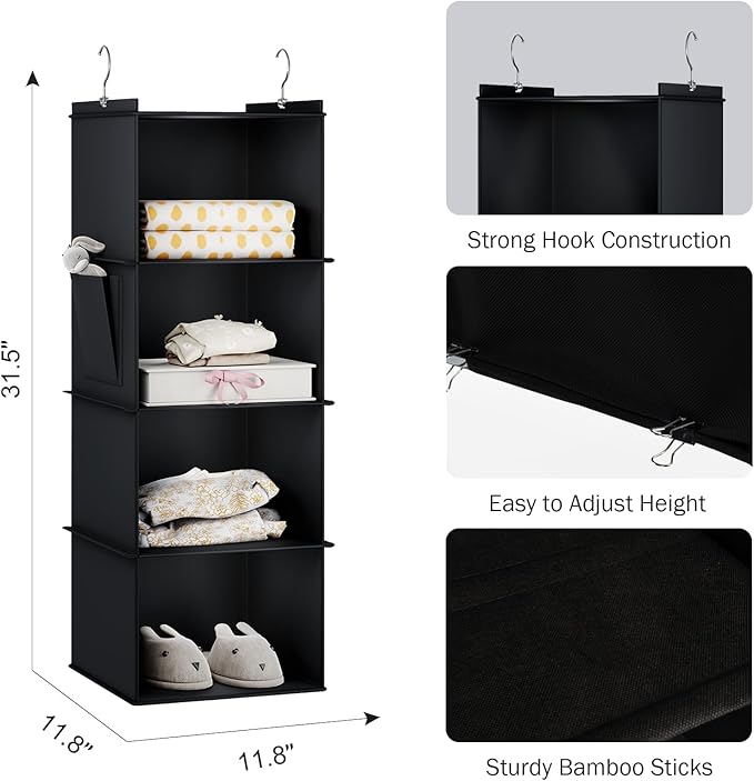 Hanging Closet Organizer, 4-Shelf Closet Hanging Storage Shelves, Black-NeatNest