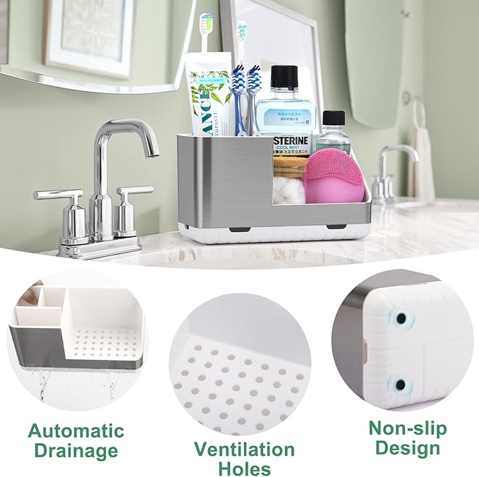 Toothbrush Holders for Bathroom Countertop Organizer, Brushed Nickel Tooth Brush Holder, Kids Electric Toothbrush and Toothpaste Holder with Drainage (Brushed Silver)-NeatNest