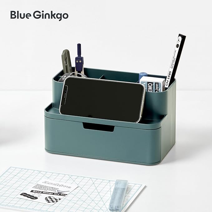BLUE GINKGO Compact Desk Organizer – Small 5-Compartment, Half Drawer Storage – Pen Holder, Stationery Organizer for Desktop, Vanity, Shelf (Made in Korea, Green)-NeatNest