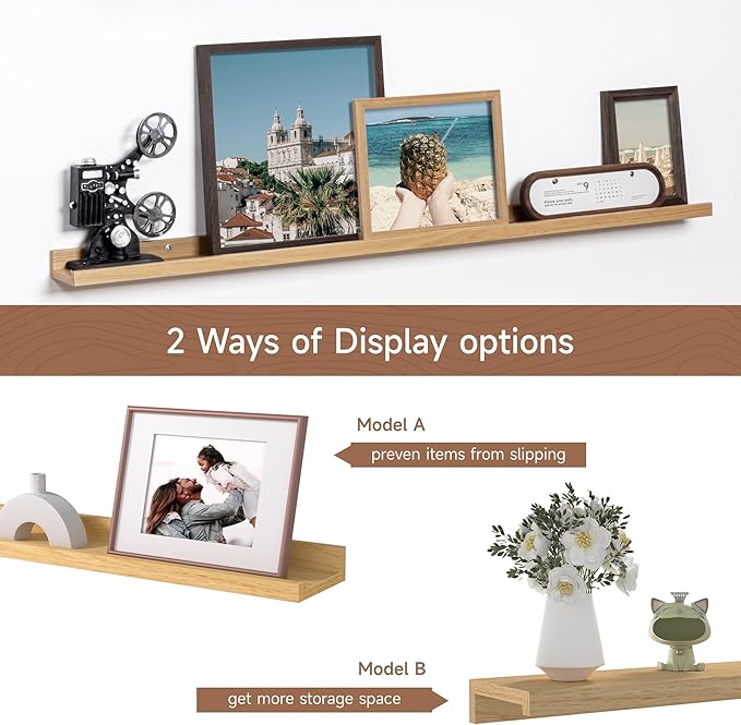 Fun Memories Picture Ledge Shelf, 48 Inch Floating Shelves Set of 2, Large Nursery Book Shelves for Toys Storage, Kids Bookshelf Wall Mounted for Wall Decor Books Photo Frames, Oak-NeatNest