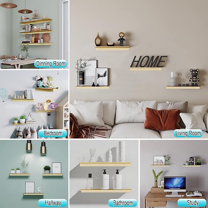 Metal Wall Shelves Set of 2, Brushed Gold Floating Shelf, 30CM Wall Decorative Shelf for Photos, Collectibles, Vases, Trinkets, Crafts, Trophy, etc. Shower Caddy-NeatNest