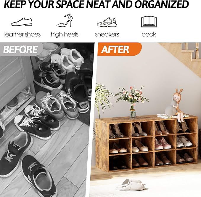 Garden 4 you Shoe Storage Bench, Cubby Shoe Rack with 12 Cubbies, 3-Tier Wood Shoe Rack Organizer, Shoe Organizer Cabinet for Entryway, Hallway, Closet and Garage, Brown-NeatNest