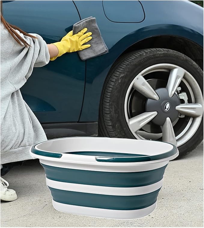 Large Plastic Cleaning Supplies Caddy Bucket with Handles, Portable Cleaning Tool Storage Tote Pop Up Mop Bucket for Dorm and Bedroom, Collapsible Plastic Bucket for Fishing, Garden (Grey+Blue)-NeatNest