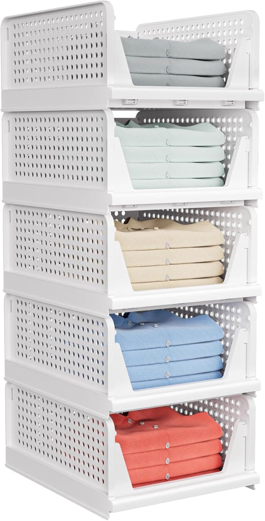 5 Pack Stackable Closet Storage Basket - Stackable Storage Bins, Multifunctional & Foldable Closet Organizer, Wardrobe Cupboard Space-Saving Hat Storage Drawer Organizer, White-NeatNest