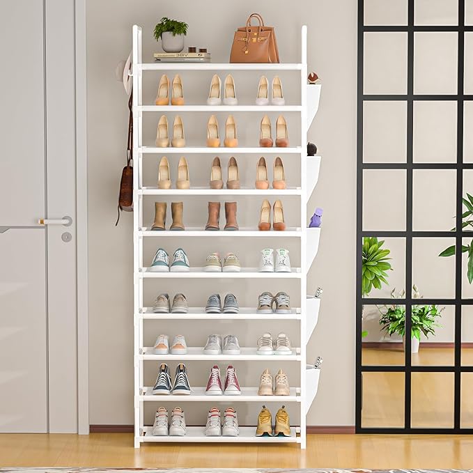 Tall Shoe Rack 10 Tier Shoe Racks Organizer for Closet 30-35Pairs,Large Capacity Storage Rack for Shoes with 5Hooks and Side Pocket,Sturdy Metal Shoe Shelf, Vertical Shoe Stand Tower-NeatNest