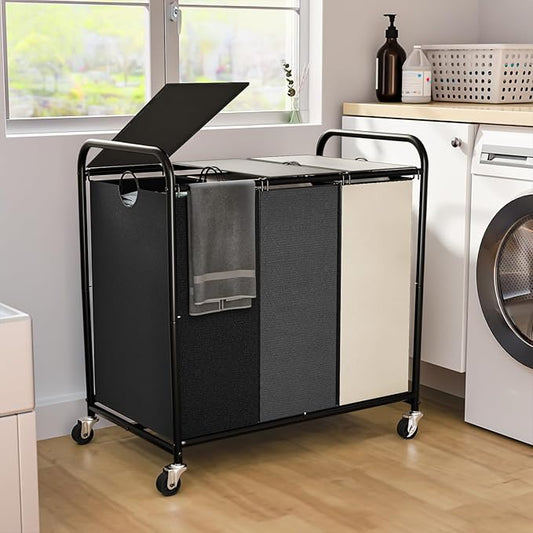 180L (47.55 Gal) Laundry Sorter 3 Section, Rolling Laundry Basket with Lockable Wheels and Lid, Laundry Hamper with 3 Separated Removable Bags Dirty Clothes Hamper for Laundry Room, Multicolor-NeatNest