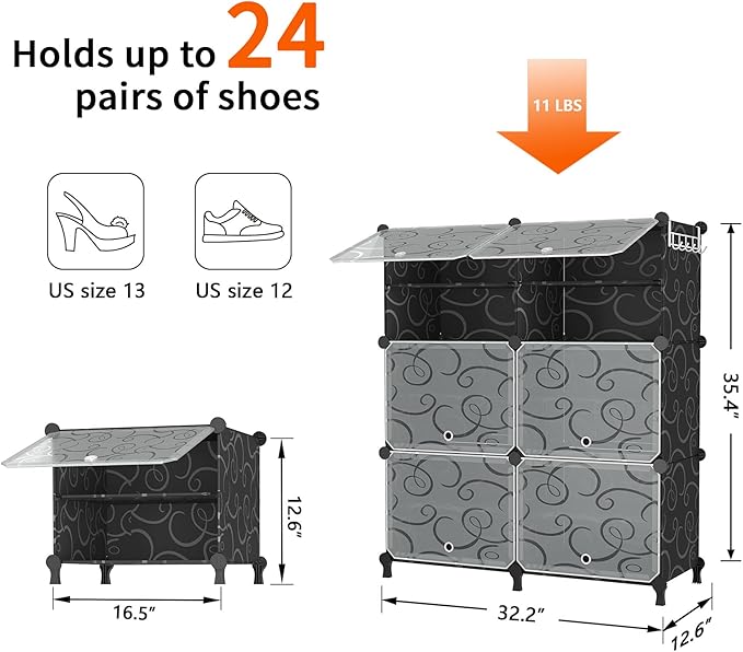 AWTATOS Shoe Rack, 6 Tier Shoe Storage Cabinet with Door, 24 Pair Shoe Organizer Shelves for Closet Hallway Bedroom Entryway, Black-NeatNest