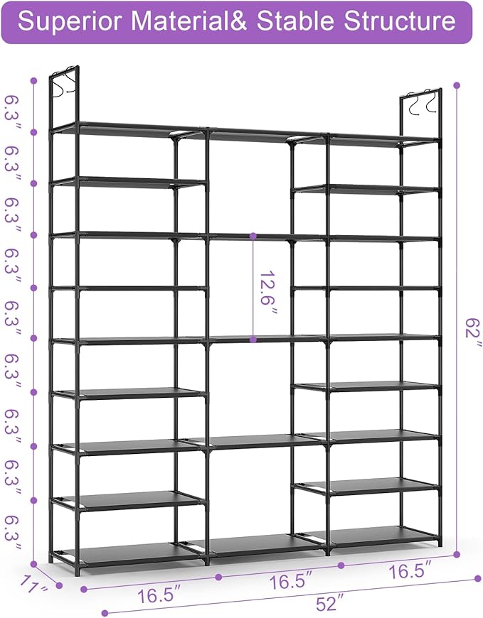 Kottwca Shoe Rack Organizer, Large Shoe Rack for Entryway Closet, Metal Shoe Shelf for Shoes and Boots, Big Non-Woven Fabric Shoe Storage Organizer with Hooks for Cloakroom, Black…-NeatNest