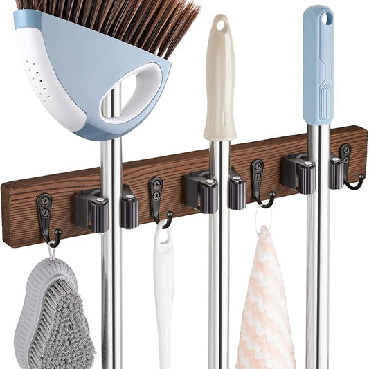 Mop Broom Holder Wall Mount with 3 Slots & 4 Hooks - Wood Broom Mop Hanger for Pantry Kitchen Organization - Garden Tool Organizer for Closet Laundry Room - for Rustic Farmhouse Kitchen Decor-NeatNest