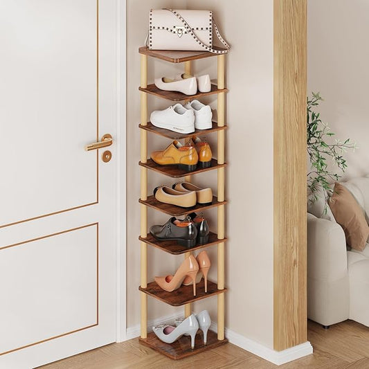 LUCKNOCK Vertical Shoe Rack, 8-Tier Tall Narrow Shoe Organizer for Entryway, Closet, Dorm & Small Spaces, Freestanding Wooden Shoe Shelf Tower for Boots, Sneakers, Heels. (Rustic Brown)-NeatNest