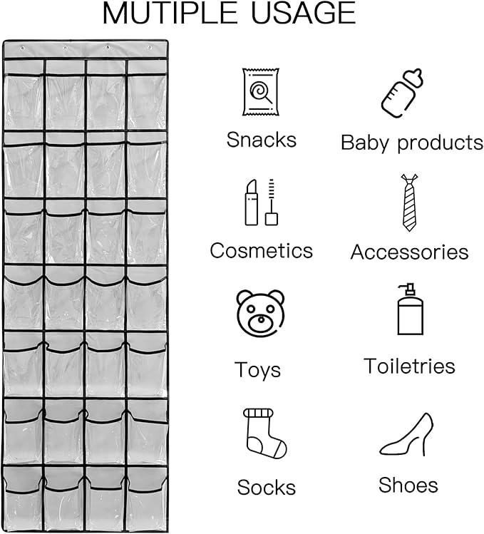 28 Large 1 Pack Transparent Pockets Over The Door Shoe Organizer Sturdy Hanging Shoe Rack for Door Closet Sneakers or Accessories, 4 hooks（Grey&Black）-NeatNest
