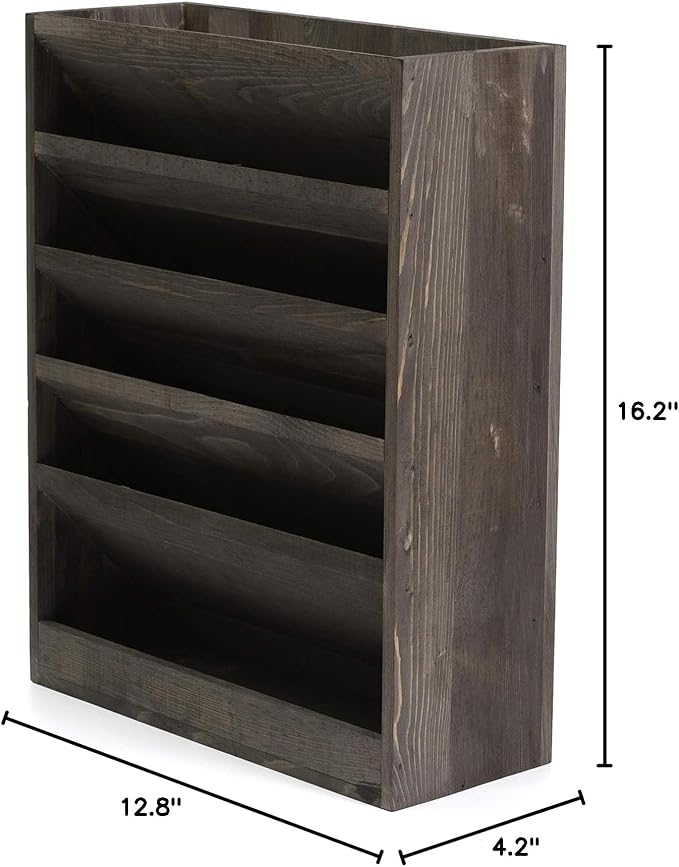 Vintage Rustic Wooden 5 Slot Office Desk or Distressed Torched Wood Wall Mounted Hanging Document Filing Organizer，Magazine Rack，Mail Holder Organizer Display Stand