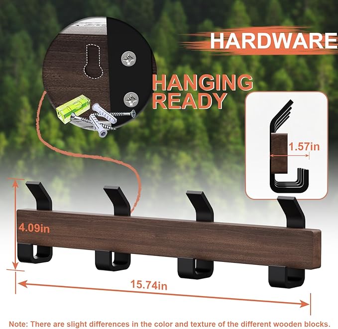 Coat Rack Wall Mount，Solid Walnut Coat Hooks Wall Mount with 4 Large Double Wall Hooks for Hanging Coats，Backpacks，Towels，etc. Wall Mounted Coat Rack for Entryway, Bathroom,etc, Walnut+black-NeatNest