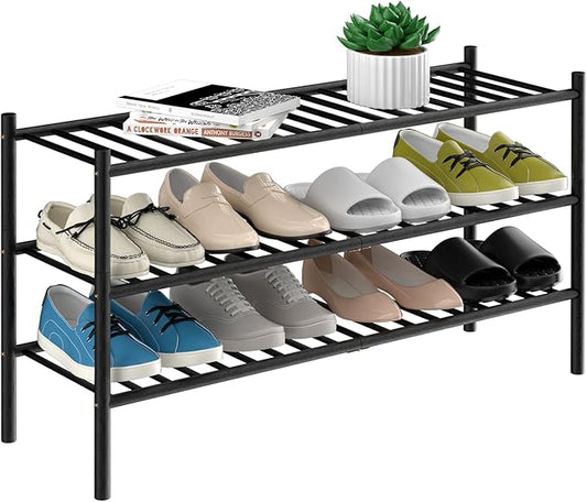 3-Tier Bamboo Long Shoe Rack, Free Standing Wood Shoe Shelf Storage Organizer for Closet Entryway Stackable 35"x11"x20" (Black)-NeatNest