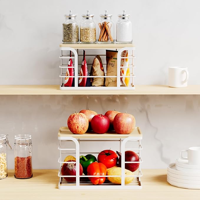 2 Pack Stackable Storage Kitchen Laundry Pantry Organizers,Trash Bag Holder Wall Mount,Garbage Bag Dispenser with Bamboo Top,White Large and Small-NeatNest