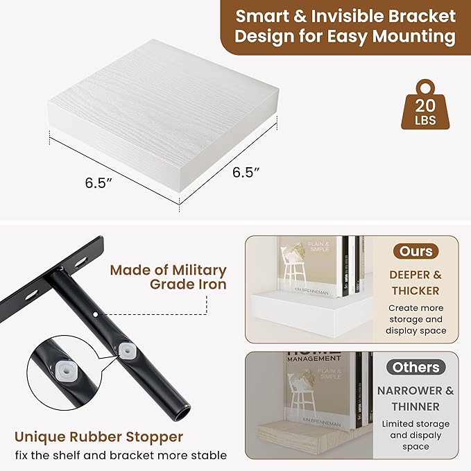fuqing Floating Shelves for Wall, Bathroom Shelf Wall Mounted for Storage, Shelves with Invisible Bracket for Bedroom, Kitchen, Living Room, Farmhouse Small Book Shelf, 6.5 Inch Set of 3, White-NeatNest
