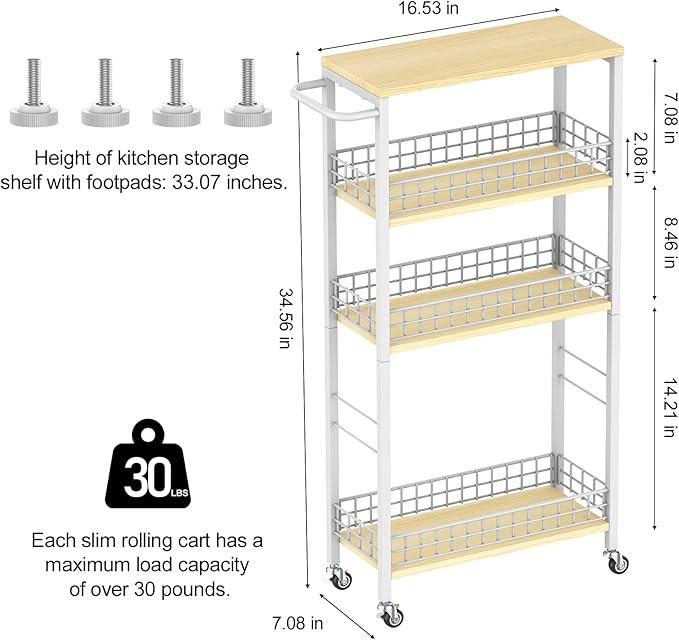 Slim Storage Cart White Narrow Storage Cabinet 4 Tier Laundry Room Organization Mobile Bathroom Shelving Unit Organizer Rolling Utility Cart Slide Out Kitchen Cart Tower Rack for Narrow Places 7.08’’W-NeatNest