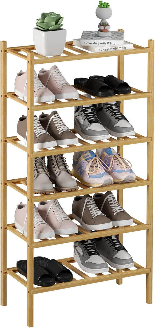 6-Tier Bamboo Small Shoe Rack, Free Standing Wood Shoe Shelf Storage Organizer for Closet Entryway Stackable (Natural)-NeatNest