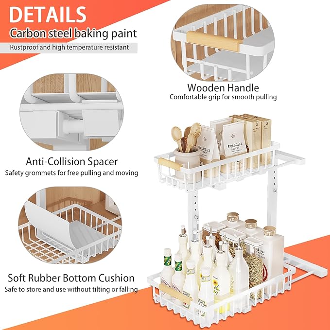2 Tiers Under Sink Organizers, 2 Pack Metal Kitchen Storage Shelf, Pull Out Sink Storage Rack, Multi-purpose Under Sink Shelf Organizer for Under Sink Cabinet Bathroom Kitchen (White)-NeatNest