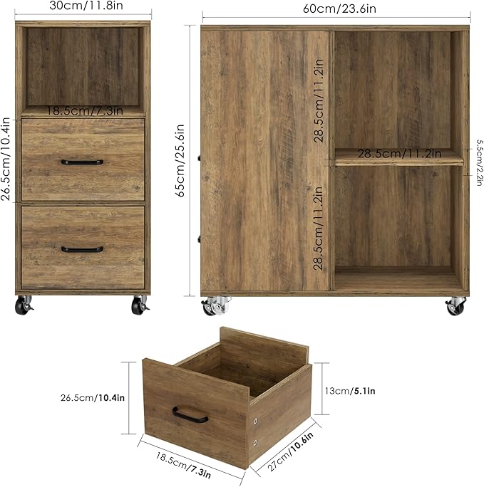 HOSTACK End Side Table, Narrow Nightstand with Storage Drawers and Adjustable Shelf, Rolling Bedside Table for Bedroom, Living Room, Home Office, Rustic Brown, Set of 2