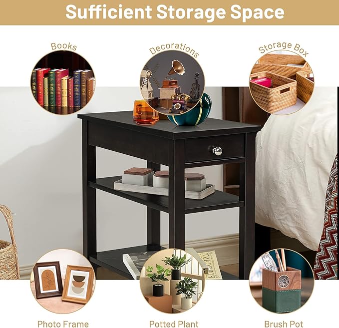 Giantex Set of 2 End Table with Drawer, Narrow Side Table with 2-Tier Open Storage Shelves, Slim Compact Bedside Nightstand for Living Room Bedroom Small Space, Espresso
