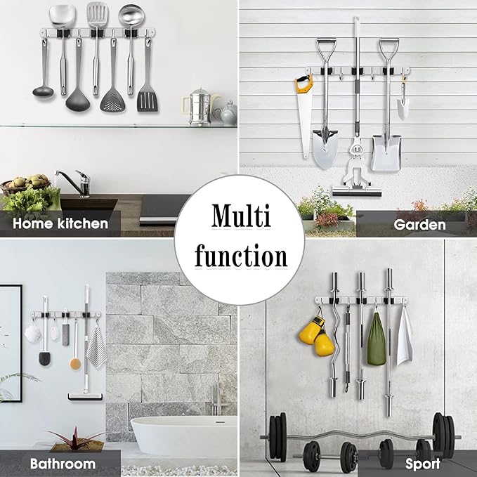3 Racks and 4 Hooks Broom and Mop Holder Wall Mounted Garage Organizer Storage Tool Racks Stainless Steel Heavy Duty Hooks Self Adhesive Solid Non-slip Wall Hangers for Home Kitchen Garden Laundry-NeatNest