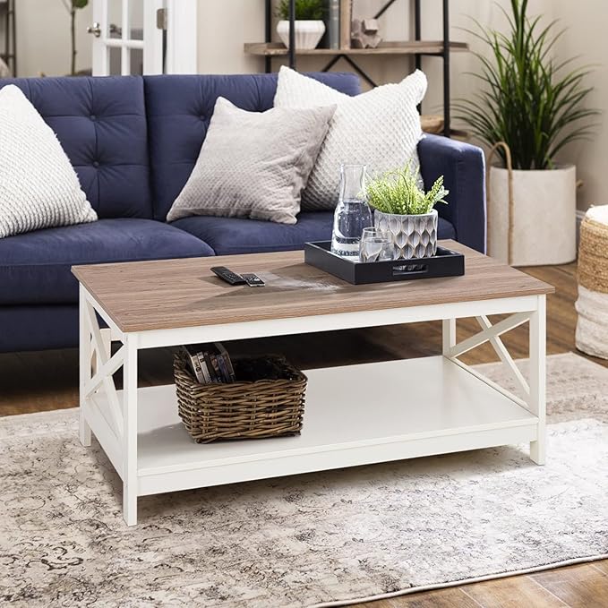 Sophia & William Farmhouse Coffee Table with Storage Shelf for Living Room, Ivory-NeatNest