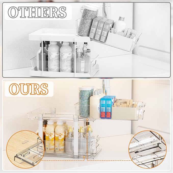 Yieach 2 Pack 2 Tier Bathroom Under Sink Organizer With Track,12.8 Inch Tall Under Cabinet Organizer,Clear Undersink Pull Out organizer for Kitchen,Vanity,Counter,Vanity,Medicine,Makeup,Hair Products-NeatNest
