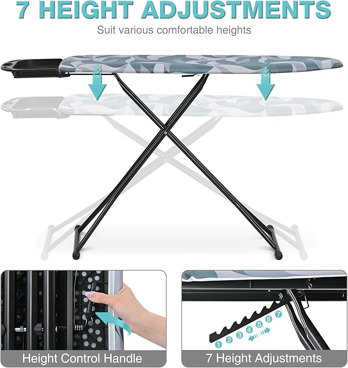 APEXCHASER Full Size Ironing Board with Heat Resistant Cover Foldable Iron Board 7-Lever Height Adjustable Non-Slip Sturdy Metal Legs 14x54, Blue