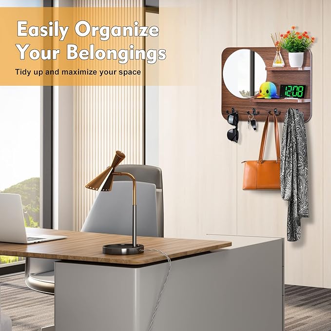 Coat Rack with Shelf Rustic Wooden Wall Mounted Hanging Coat Rack with Mirror Shelves and 4 Double Hooks Decorative Entryway Hook Shelf for Hallway Living Room Bedroom 16"x12" (Brown S)-NeatNest