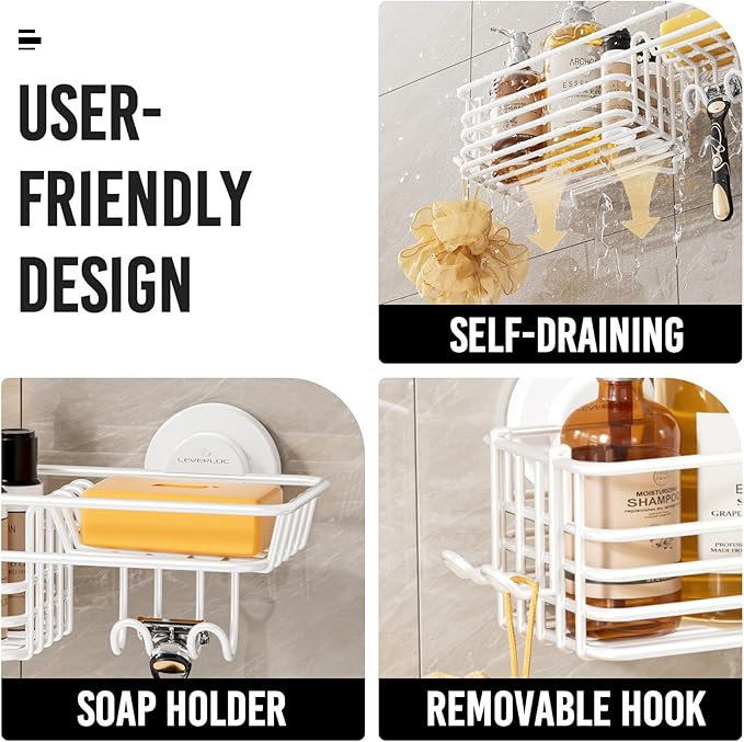 LEVERLOC Shower Caddy Suction Cup, Heavy Duty Bathroom Organizer for Inside Shower with Hooks & Soap holder, NO-Drilling Bathroom Holder-White