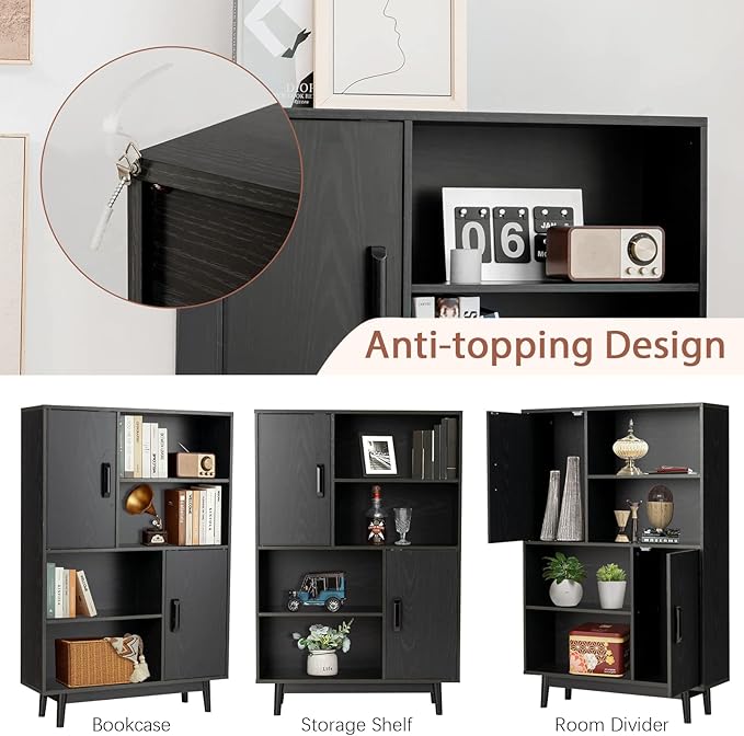 Giantex Storage Cabinet with Legs, Floor Cabinet with Doors, Shelves, Anti-Tipping Device, 4-Tier Bookshelf for Books & Photos, Tall Cupboard in Living Room, Kitchen Buffet Sideboard (Black)