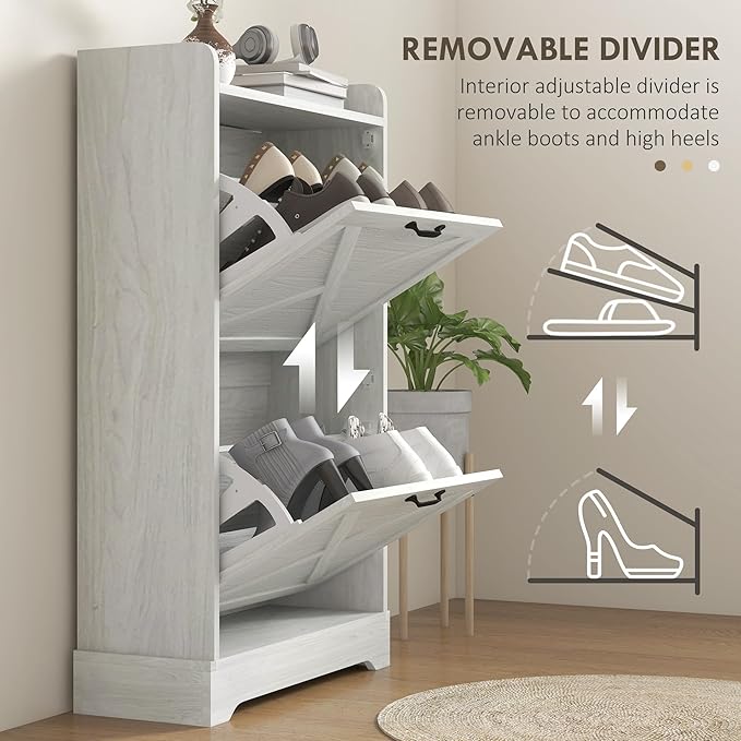 HOMCOM Slim Shoe Cabinet for Entryway, Farmhouse Hidden Shoe Storage Cabinet with 2 Flip Drawers and Adjustable Shelves for 8 Pairs of Shoes, Distressed White