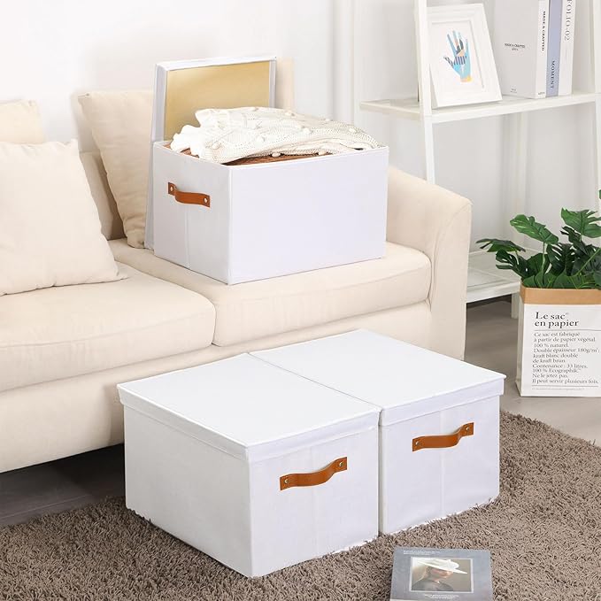 Fabric Storage Bins, Clothes Boxes for Shelves with Lids, Baskets for Organizing with Handles, Decorative Linen Closet Organizers, White, 3 Pack, 15 x 9.8 x 8.3 Inch-NeatNest