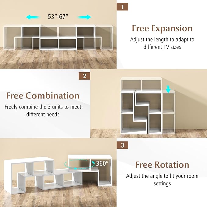 Giantex Free-Combination TV Stand for Bedroom - Entertainment Center for 50 55 60 65 Inch TV, 3-Piece Media Console Table with Storage Cubes, Deformable Open Storage Bookcase Shelf (White)-NeatNest