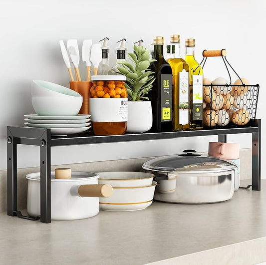 Expandable Cabinet Shelf Organizer 16-26" L Stackable Kitchen Counter Shelf Rack Sink Riser Countertop Storage Black (Normal 7.9”D)-NeatNest