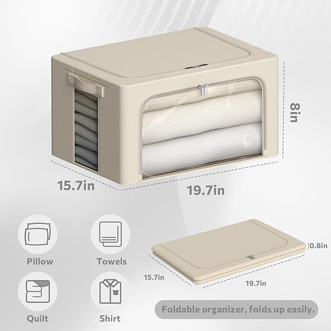 4 Pack Clothes Storage Bins - Oxford Fabric Metal Frame Storage Box - Foldable Stackable Container Organizer Set with Clear Window & Carry Handles & Zippers (Beige, 19.7"x15.7"x8")-NeatNest