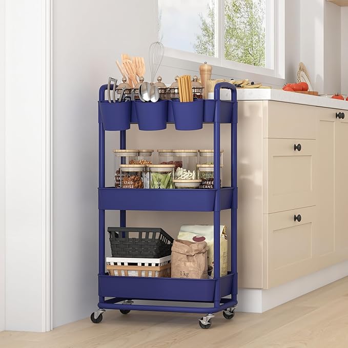JIUYOTREE 3-Tier Plastic Rolling Storage Cart Utility Cart with Extra Hanging Cups Handles Lockable Wheels for Living Room Bathroom Kitchen Office Blue-NeatNest