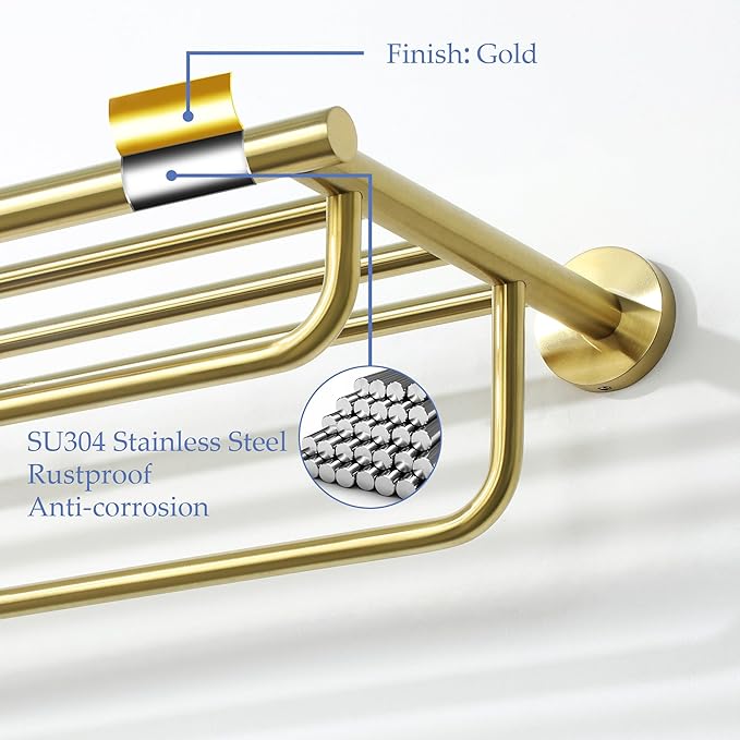 Alise 24 inch Towel Shelf with Double Towel Bars,Towel Rack for Bathroom,SUS 304 Stainless Steel Wall Mount Towel Holder Storage,Brushed Gold,GYT7060-G