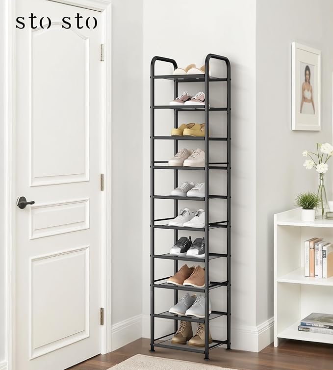 STO STO 10-Tier Narrow Shoe Rack with Sturdy Mesh Shelves, Slim Tall Metal Shoe Organizer for Entryway, Closet, Hallway, Holds 10 Pairs, Vertical Free Standing Shoe Storage Shelf, Black-NeatNest