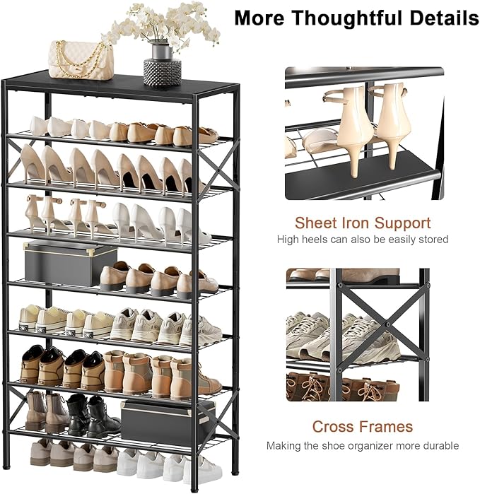 8-Tier Tall Shoe Rack Organizer Shoe Storage for Entryway 24-32 Pairs Metal Shoe Rack for Closet Heavy-Duty Shoe Rack with Wooden Top Shelf for Garage Black-NeatNest